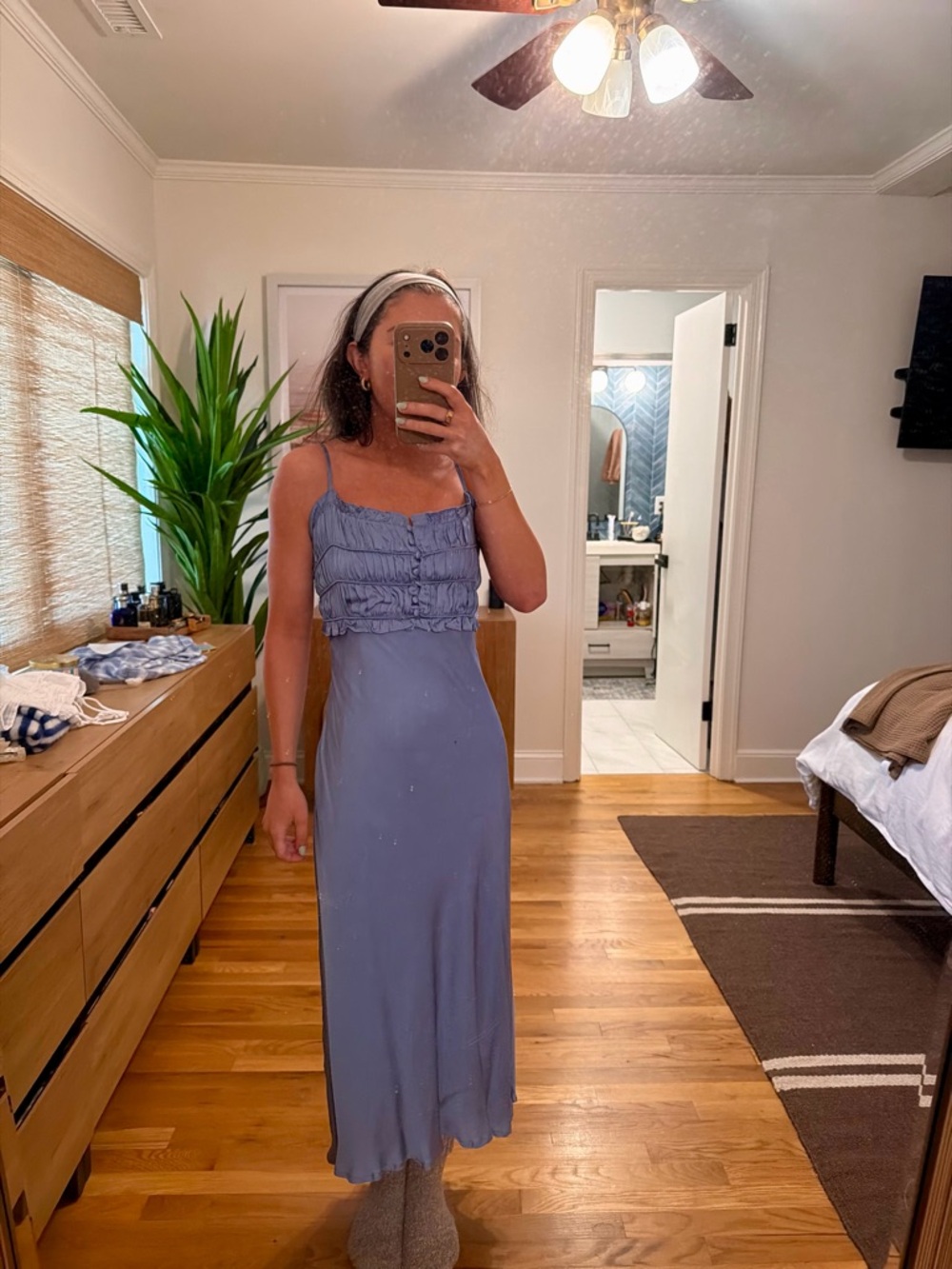 Astr Blue Midi Dress with Ruffle Bodiceu